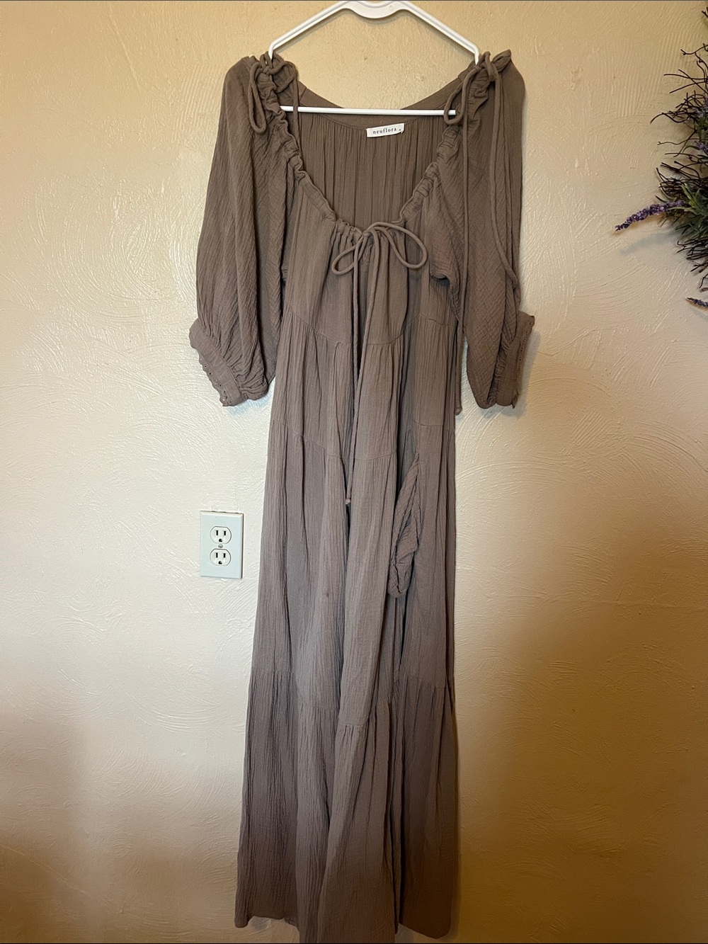 Relaxed Taupe Maxi Dress with Tie-Neck